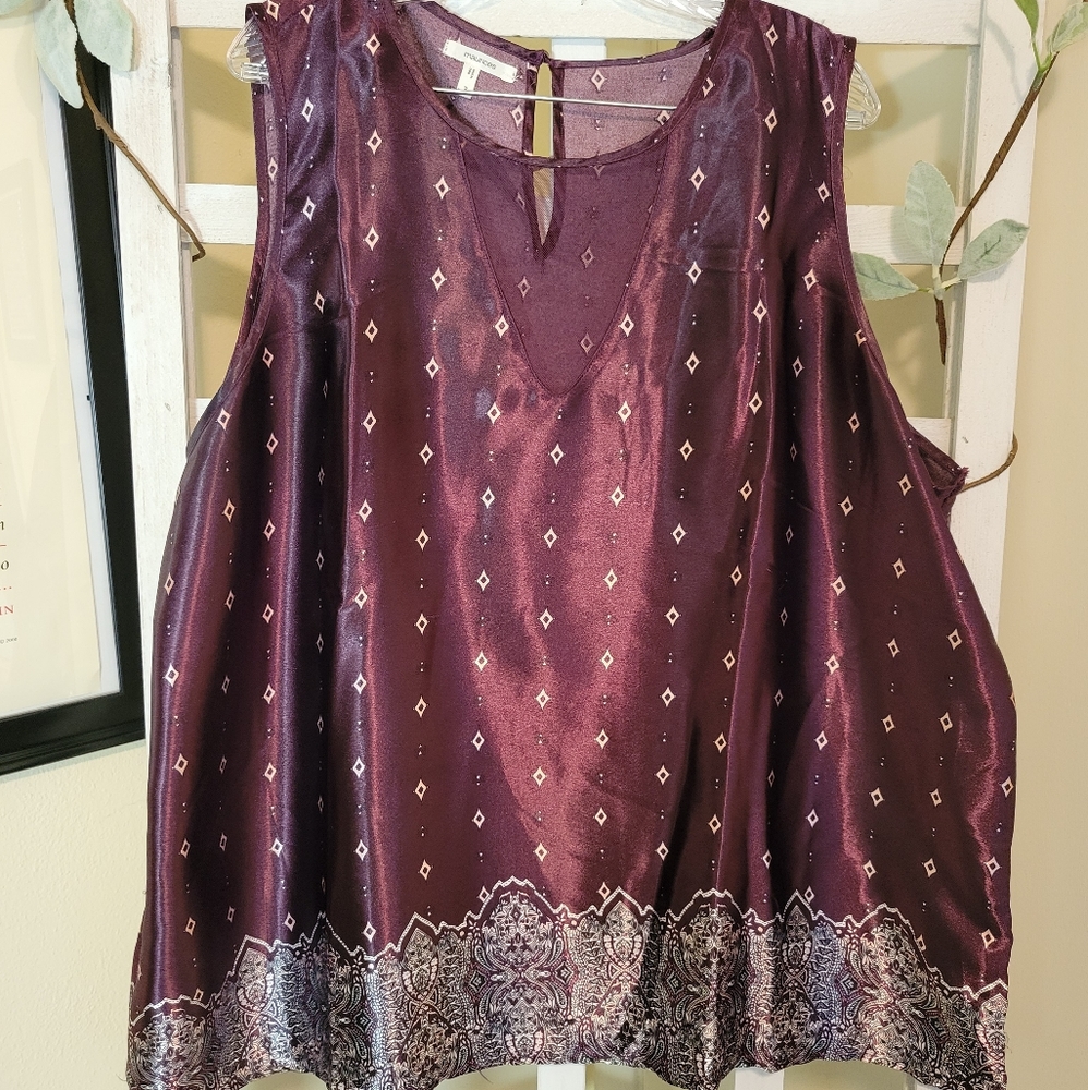 Plum Silk Paisley Work Blouse with V Shadow Neck